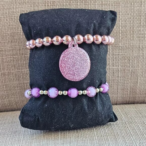 Girl Bracelet Set of 2 Purple and Gold Tone stretched Wrist Band Fashion Jewelry - Picture 9 of 11